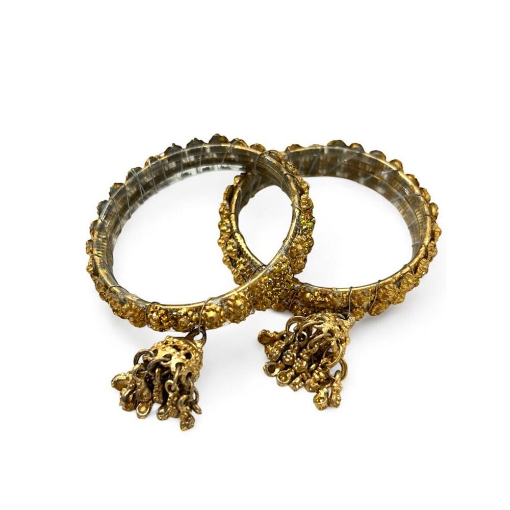 Small Goldtone Bangle Bracelets Set of 2 Glittery Tassels 2.25" Inside Diameter